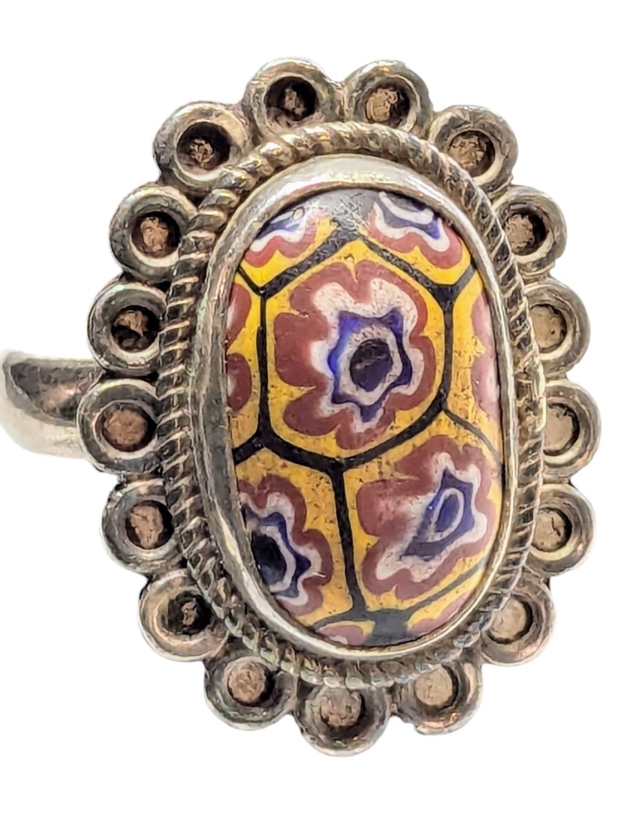 新品とんぼ玉トンボアンティークミルフィオリシルバー925リングベネチア銀製17号 7.35g22x17mm 石 16x11mmモザイクガラスアンティーク骨董