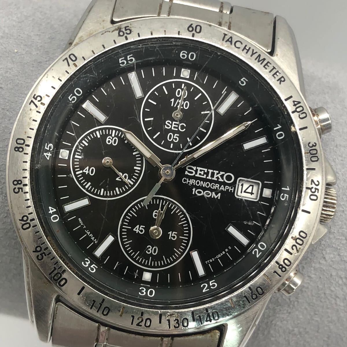 セイコー SEIKO クロノグラフ 7T92-0DW0 100M カレンダー 腕時計　710386 ブラック文字盤　 デイト　シルバー 3針　動作未確認　B-028