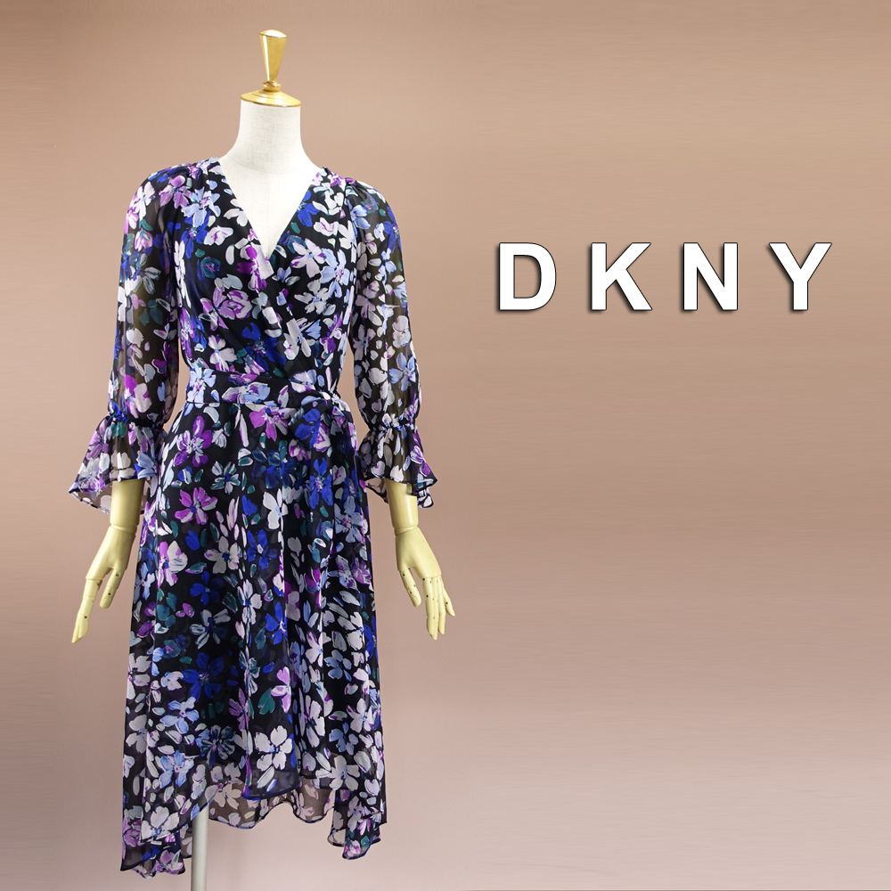 新品 DKNY 8/13号 ダナキャラン 黒 紫 白 花柄 シフォン ワンピース パーティドレス 長袖 結婚式 二次会 披露宴 フォーマル 通勤 輝36X1404