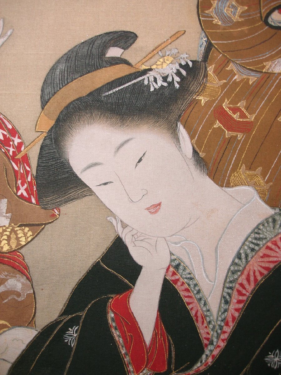 花◇江戸時代中後期の浮世絵師 伝【勝川春章】筆 絹本着色 婦女