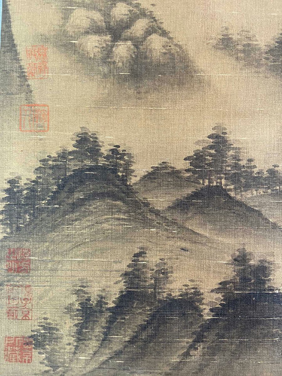 中国時代の掛軸 作 激安骨董品 肉筆保証 博物館保管品 BD160A10-3 ▽渡鶴羽▽P723中国古書画 宋時代 米 絹本 山水図 掛け軸 書画