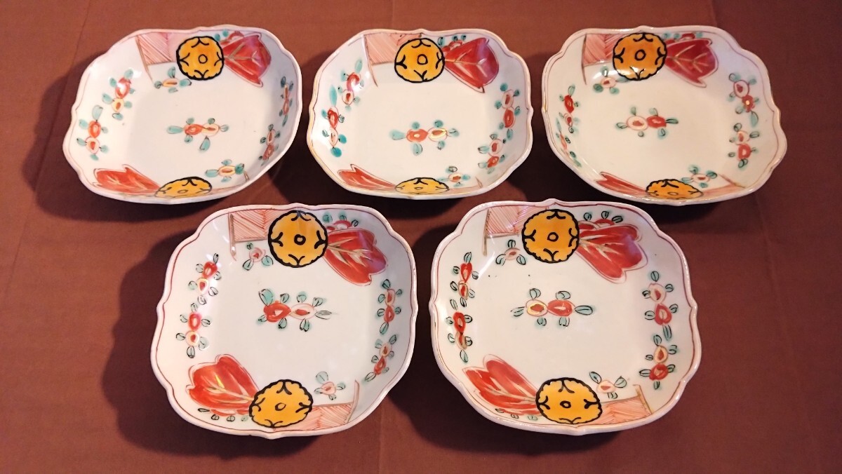 古伊万里 伊万里 角皿 菓子皿 色絵 梅の図 蔵出し 2客