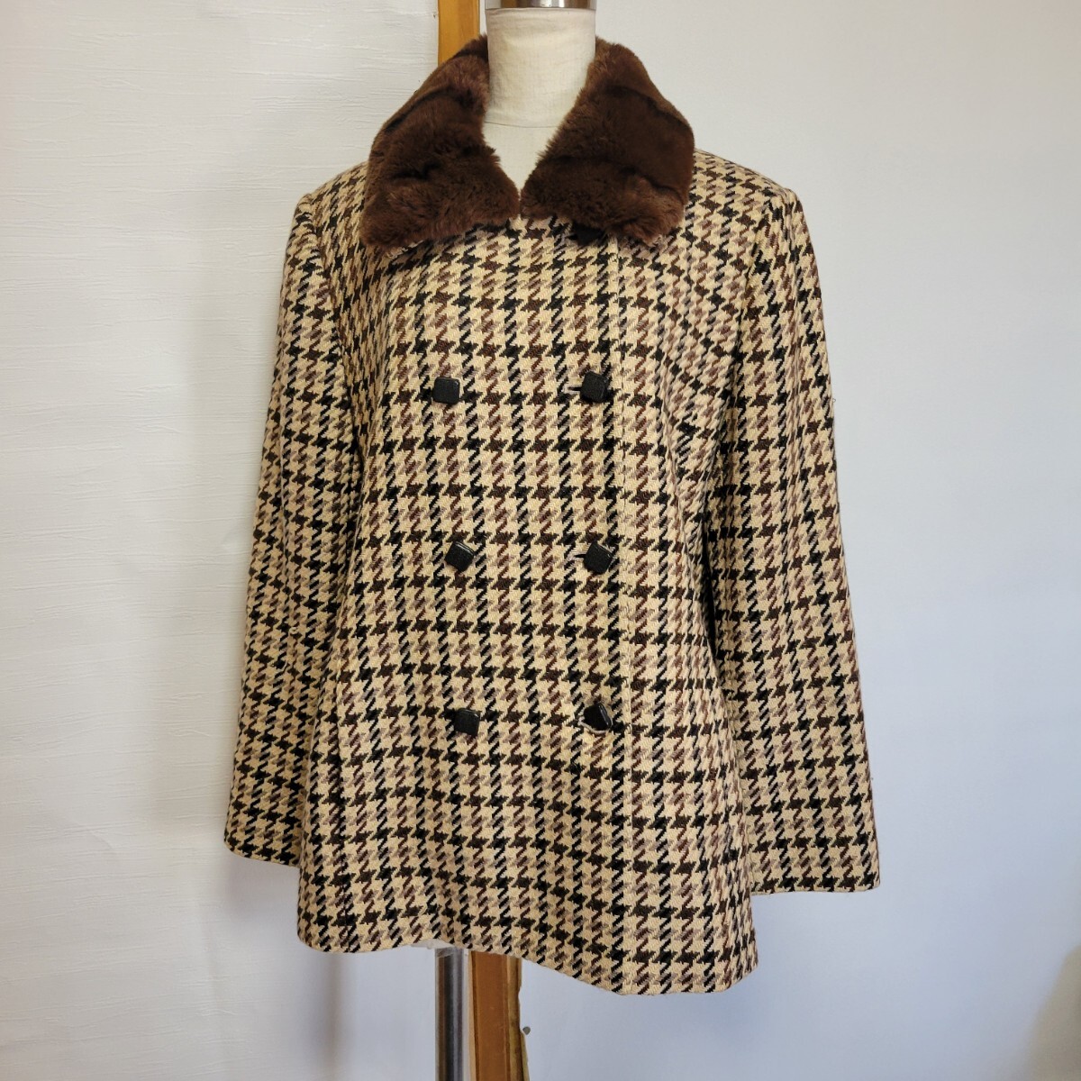 美品*レリアン*13*千鳥柄*ウールコート*茶系*リアルファー*ショート丈*ショートコート*42*大きいサイズ*エルモード