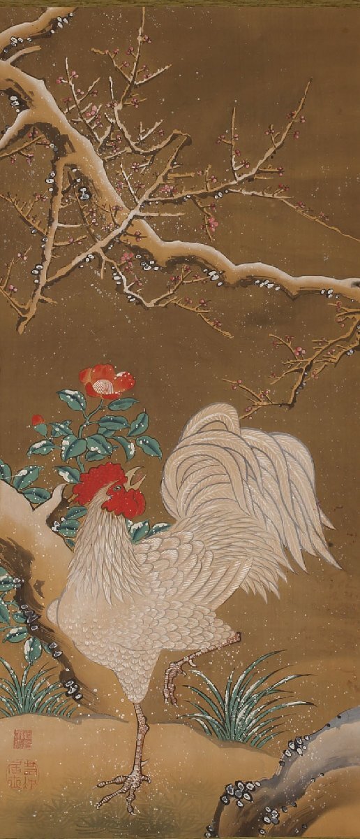 Bibian 比比昂- 【模写】伊藤若冲彩色鶏図竪物共箱(掛軸掛物 Bibian 比比昂- 【模写】伊藤若冲彩色鶏図竪物共箱(掛軸掛物