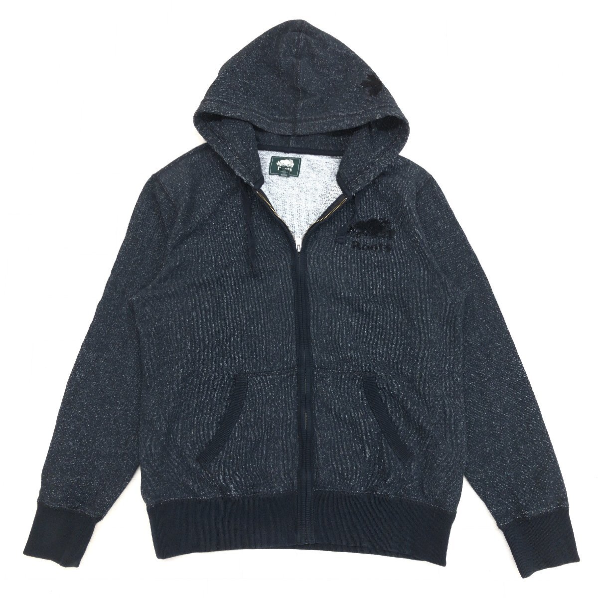 ●Roots ルーツ フロッキープリント スウェット ジップパーカー L 黒系 ブラック系 長袖 フーディ ジャケット メンズ 紳士