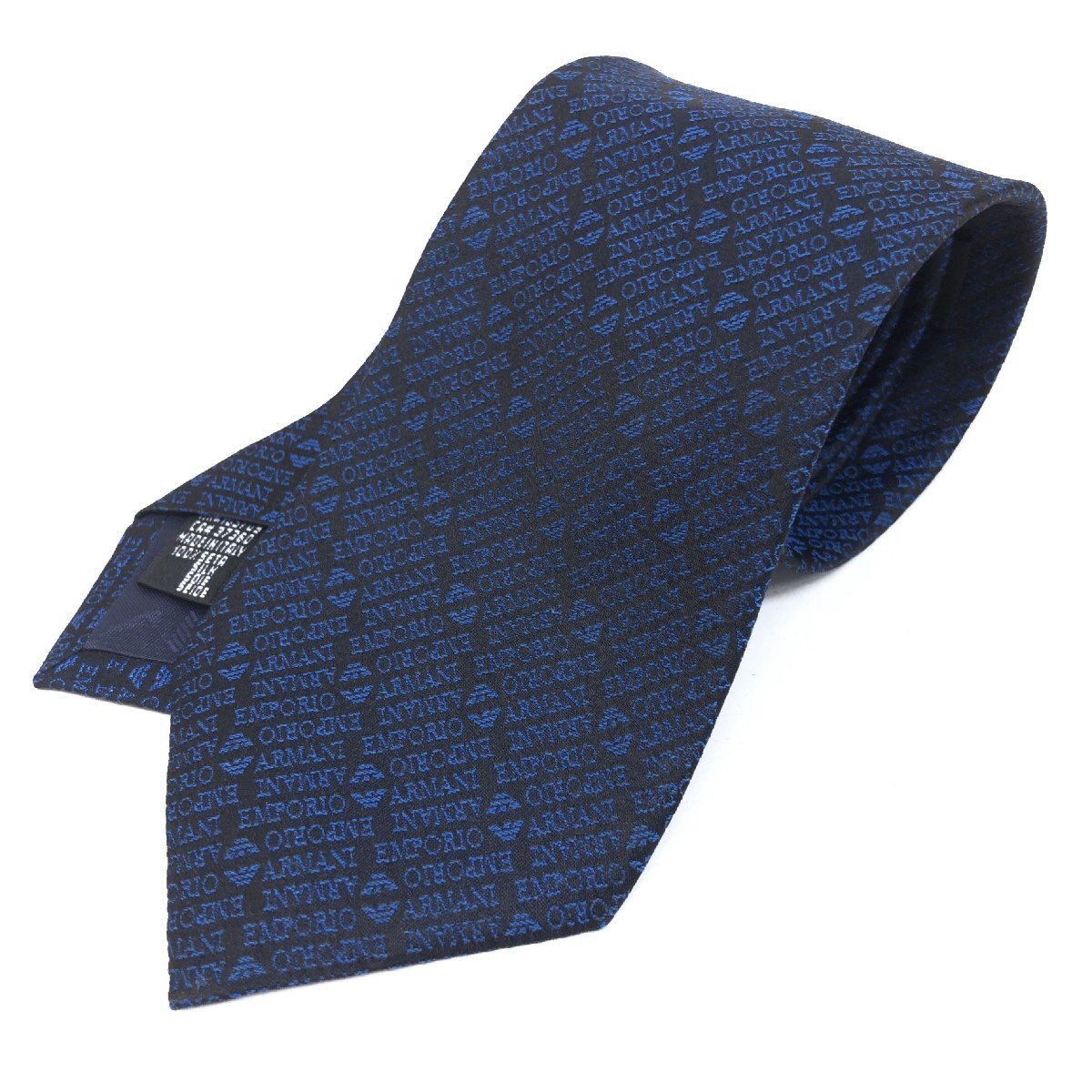 伊製 EMPORIO ARMANI エンポリオアルマーニ ロゴ総柄 シルク100% ネクタイ 濃紺 ネイビー ビジネス 通勤 イタリア製 メンズ 紳士