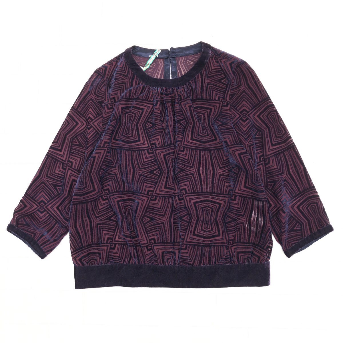 美品 GEORGES RECH ジョルジュレッシュ 総柄 ベロア シアー ギャザー カットソー 40(L) パープル 日本制 シャツ ブラウス シースルー