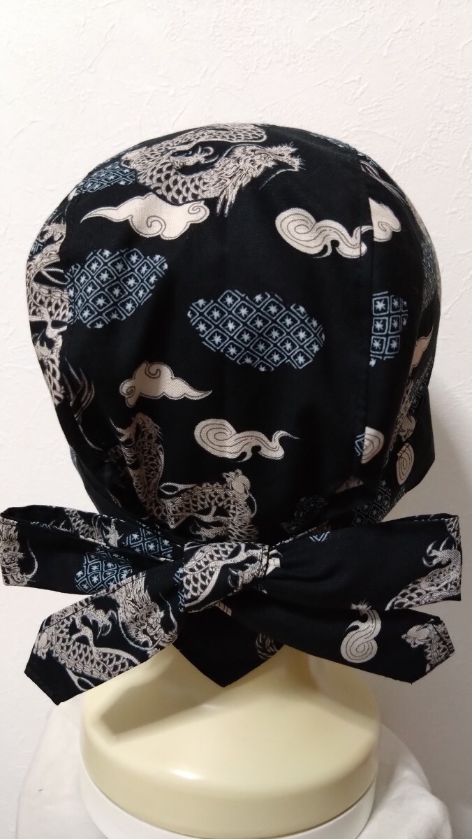 短★バンダナキャップ★ハンドメイド　和柄　竜と云　黒