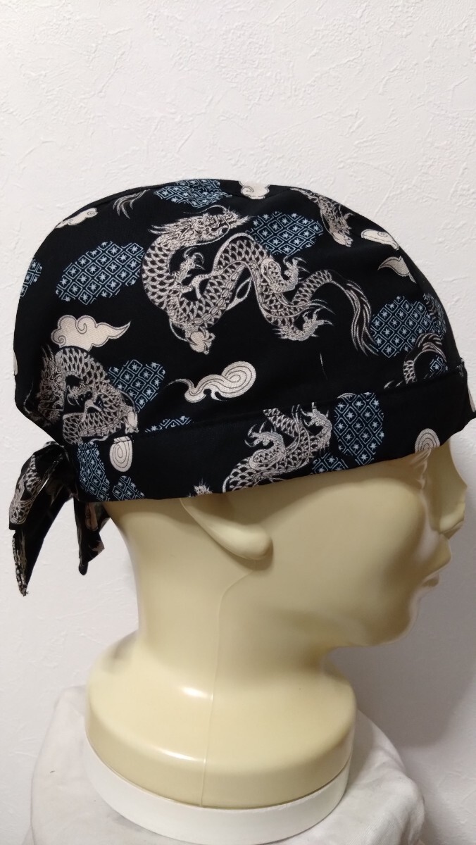短★バンダナキャップ★ハンドメイド　和柄　竜と云　黒