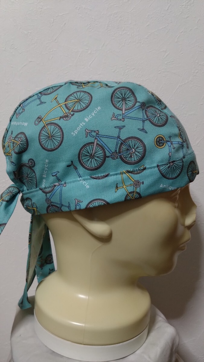 ★バンダナキャップ★ハンドメイド　自転車柄　サイクリング　水色