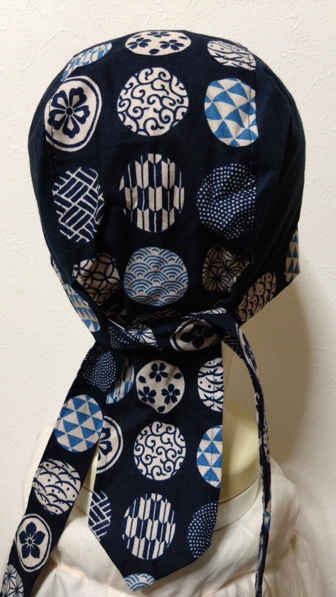 ★バンダナキャップ★ハンドメイド　和柄　紋柄×無地??紋　モダン　紺?