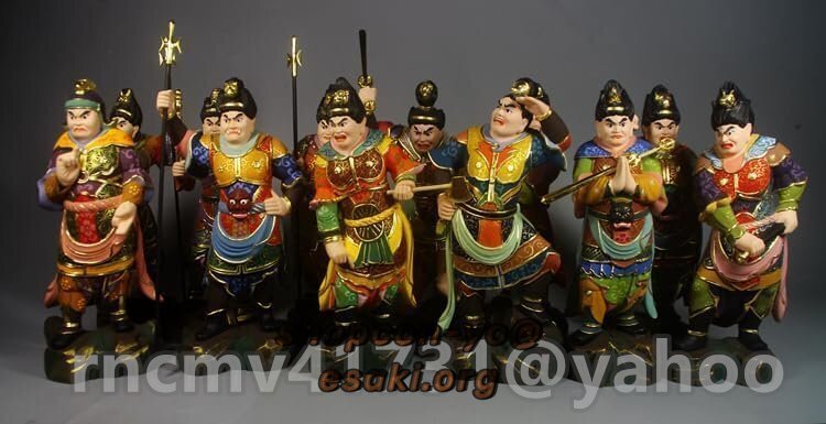 仏像 木彫り 十二神将 立像 セット 天然ツゲ木彫り 仏教美術品 黄楊 柘植 極彩色絵系 (高さ18cm×巾7cm)