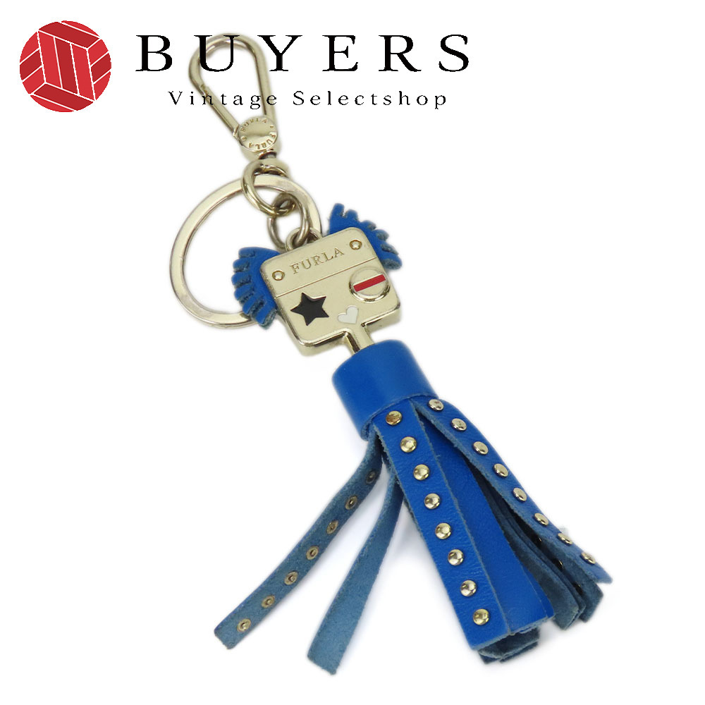 中古 フルラ キーホルダー メタル レザー ブルー ゴールド金具 チャーム アクセサリー レディース 女性
