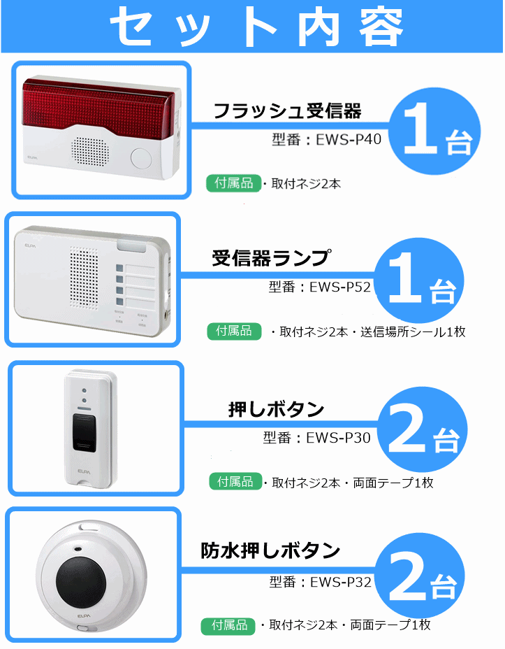 【平日15時まで即日出荷】ELPA フラッシュ受信器セット(EWS-P40×1)(EWS-P52×1)(EWS-P30×2)(EWS-P32×2)【呼び出しベル】_画像8