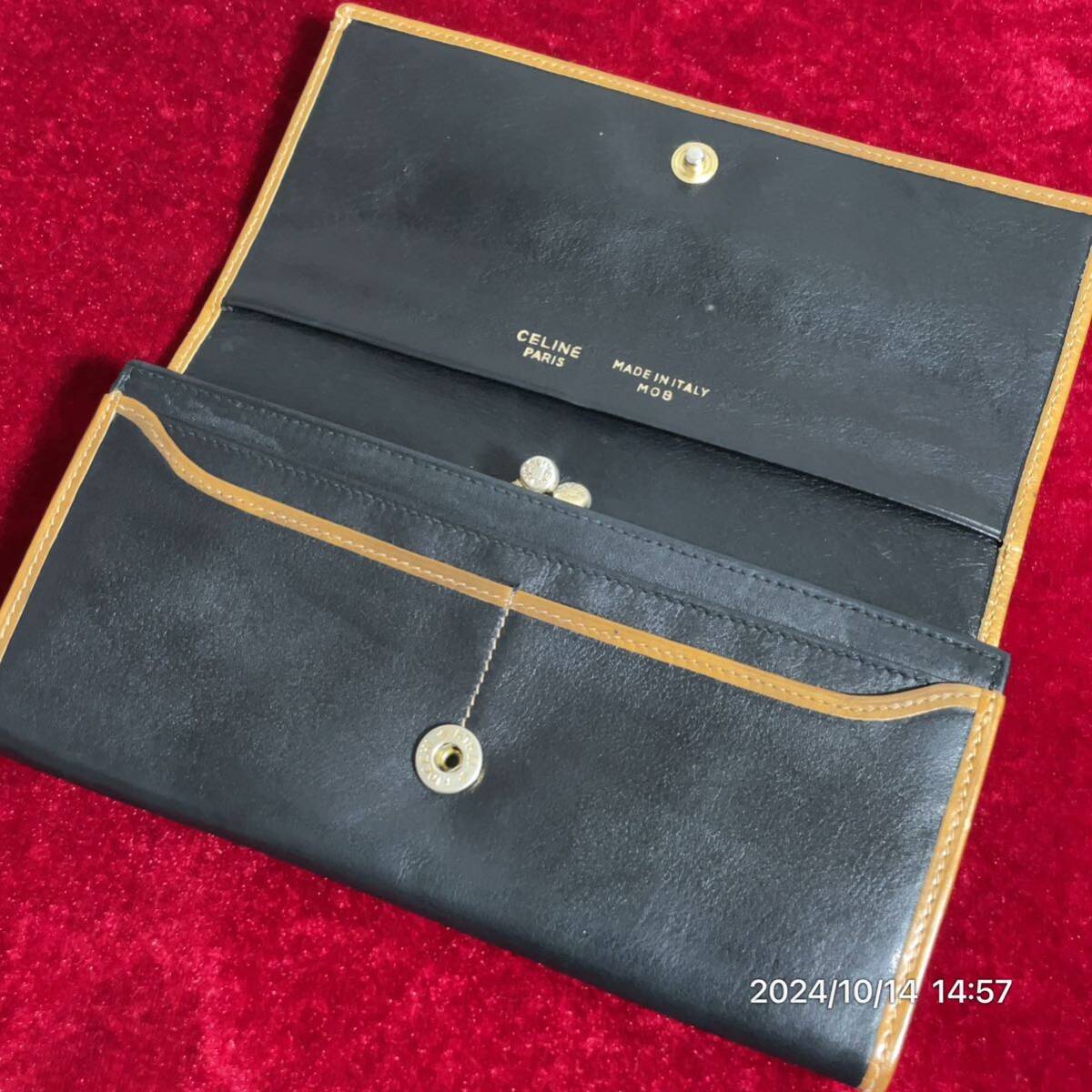 CELINE セリーヌ マカダムロゴ バイカラー レザー 革 二つ折り ウォレット 長財布 _画像4