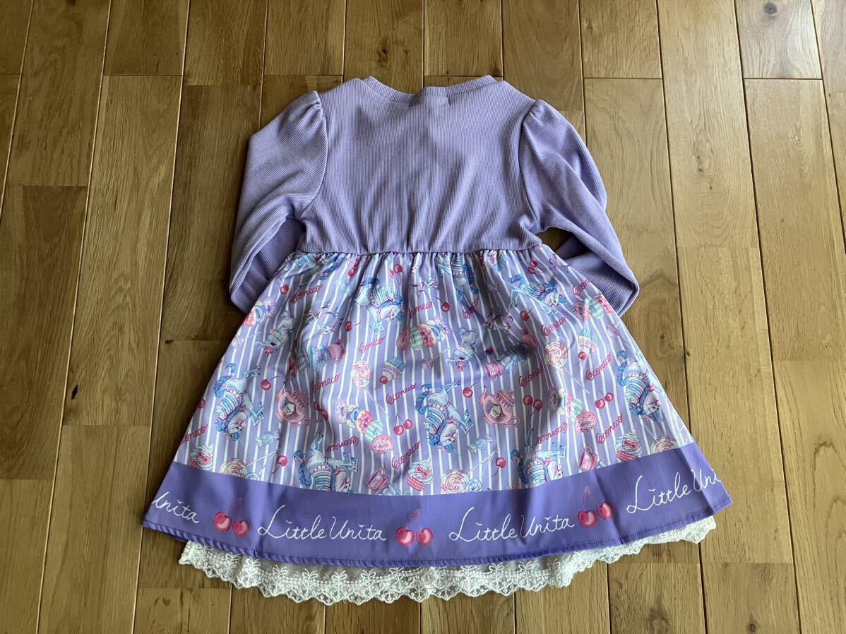 新品 女の子 キッズ エコネコ 長袖 リボン ワンピース 紫 100センチ
