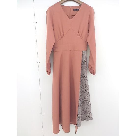 ◇ ◎ ●未使用● SPIRALGIRL 切替 チェック Ｖネック 長袖 膝下丈 ワンピース サイズF ブラウン系 ベージュ レディース