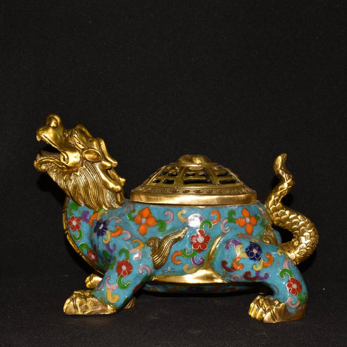 超珍館蔵】銅製 景泰藍 琺瑯彩 塗金 八卦龍龜熏香炉 置物 超珍館蔵】銅製 景泰藍 琺瑯彩 塗金 八卦龍龜熏香炉 置物