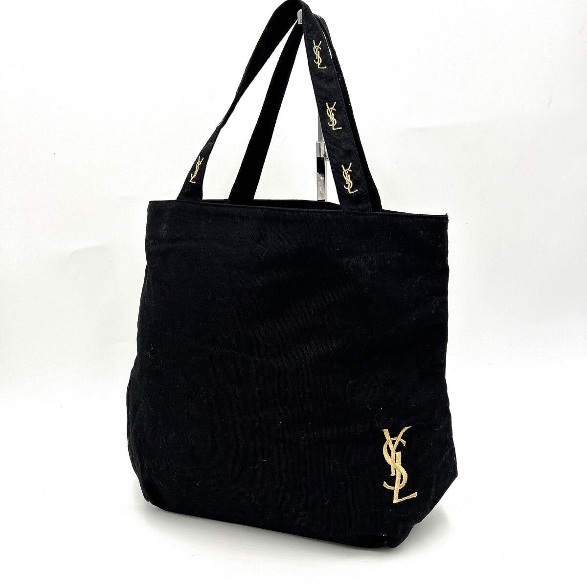 A ■ 洗練されたデザイン!! '高級婦人鞄' Yves Saint Laurent イヴサンローラン ロゴ刺繍 トートバッグ 手提げ 肩掛け鞄 ハンドバッグ 黒系