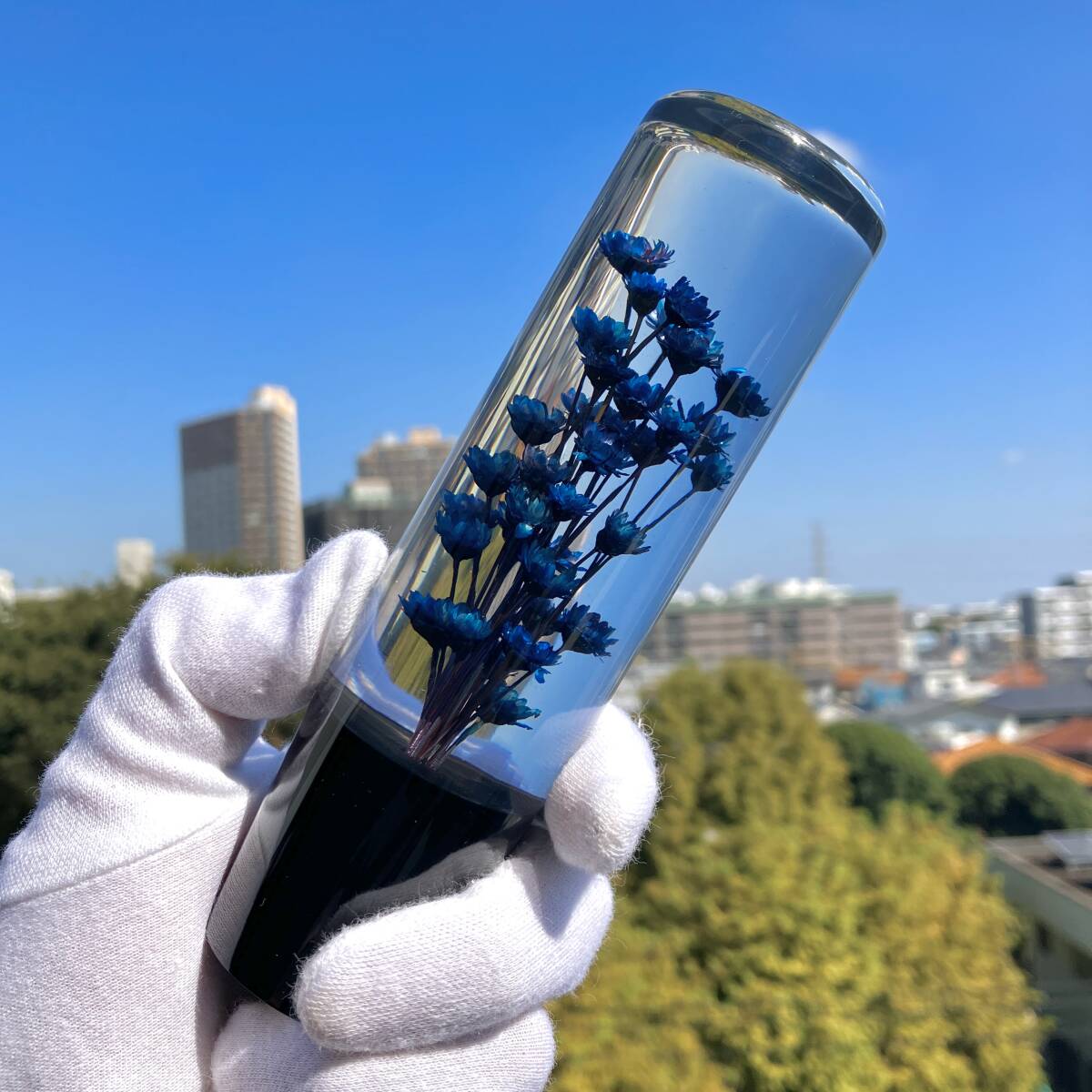 シフトノブ 水中花 フラワー AT MT 透明 クリスタル トラック 舊車(chē) 昭和レトロ ヴィンテージ カーパーツ デコトラ ブルー 青 単色 花増量