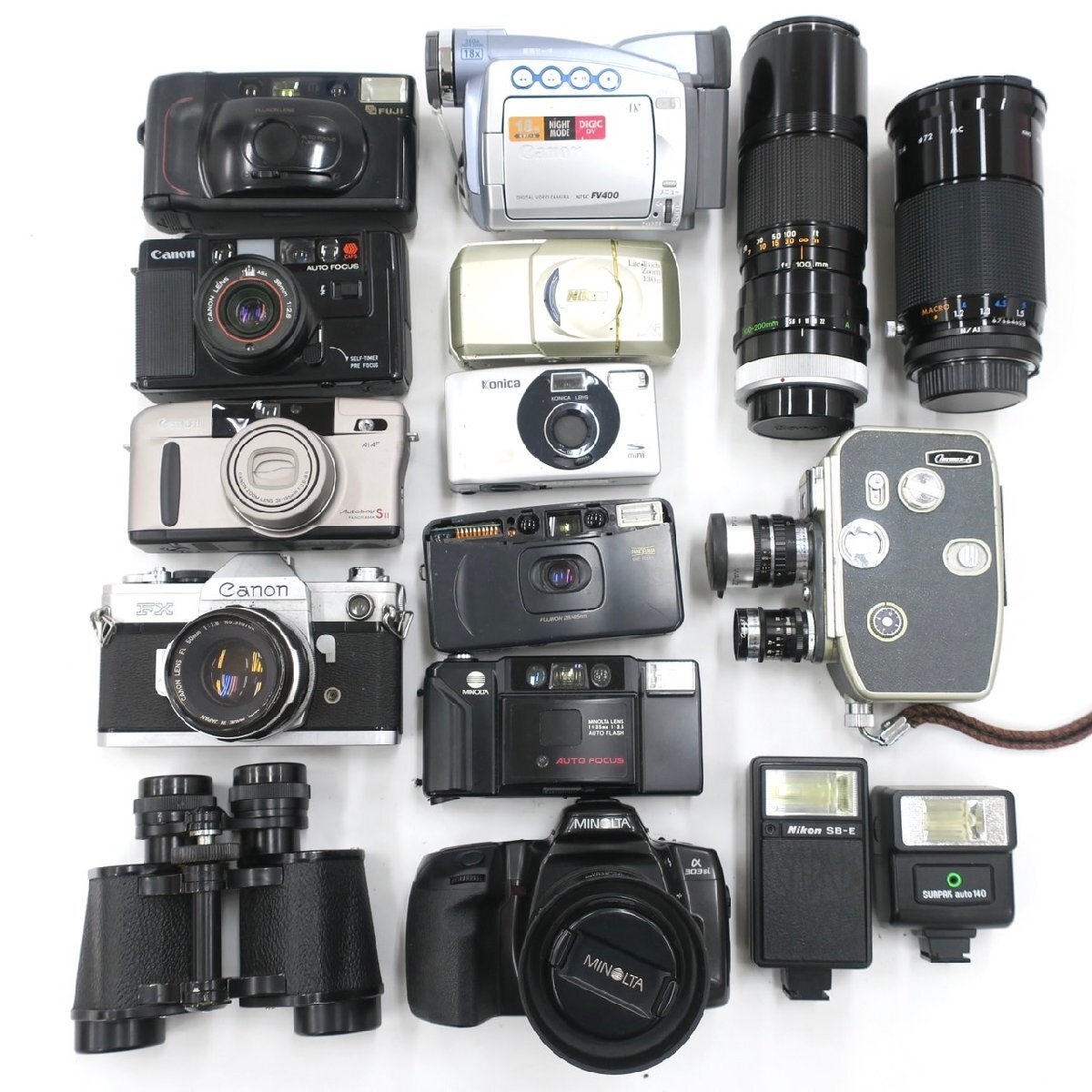 1円スタート カメラ 双眼鏡 まとめ16点セット Canon MINOLTA Nikon FUJIFILM Konica レンズ ストロボ 8ミリフィルムカメラ 動作未確認