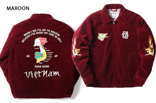  another . Vietnam jacket [MAP]*HOUSTON dark red wine M size 51382hyu- stone beto Jean embroidery map map velour 