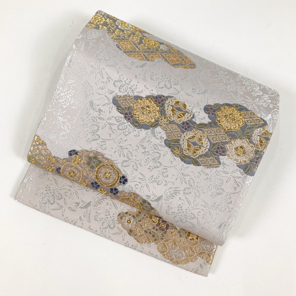 陰山織物 袋帯 刺繍に横段模様 花模様 着物 024w - 着物・浴衣 陰山織物 袋帯 刺繍に横段模様 花模様 着物 024w - 着物・浴衣