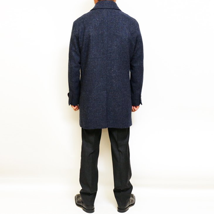 SALE 新品 秋冬 英国 ハリスツイード Harris Tweed ネイビーグレー杢 ダイヤゴナル調 無地系 ステンカラーコート (M)_画像5