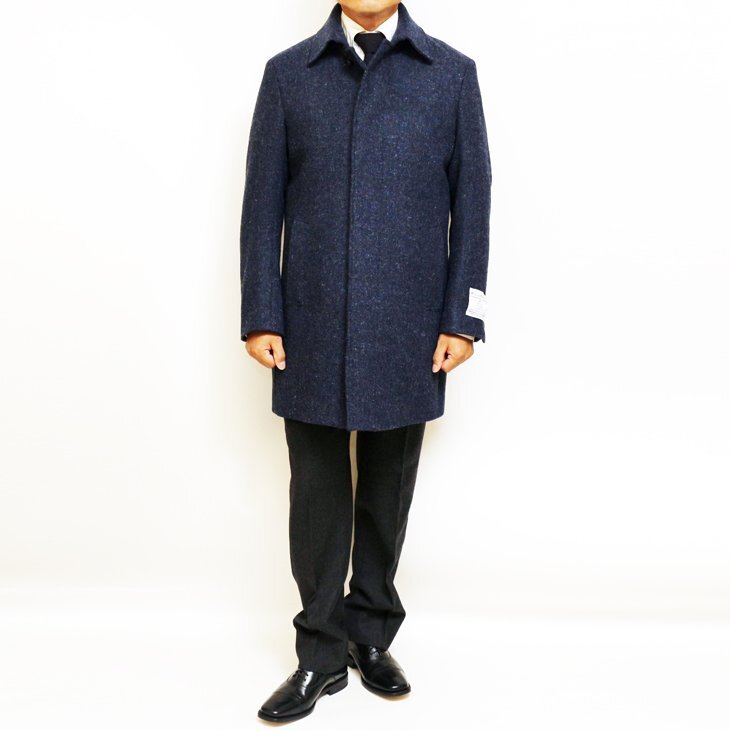 SALE 新品 秋冬 英国 ハリスツイード Harris Tweed ネイビーグレー杢 ダイヤゴナル調 無地系 ステンカラーコート (L)_画像2