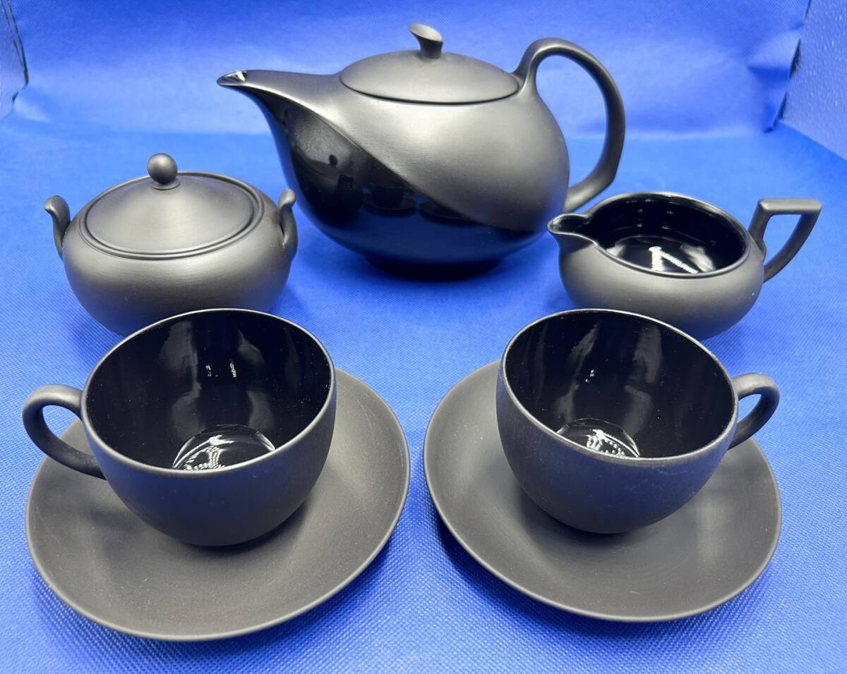 ★希少！【未使用保管品】ウェッジウッド ブラックバサルト ティーセット 7点（カップ＆ソーサー2客） WEDGEWOOD