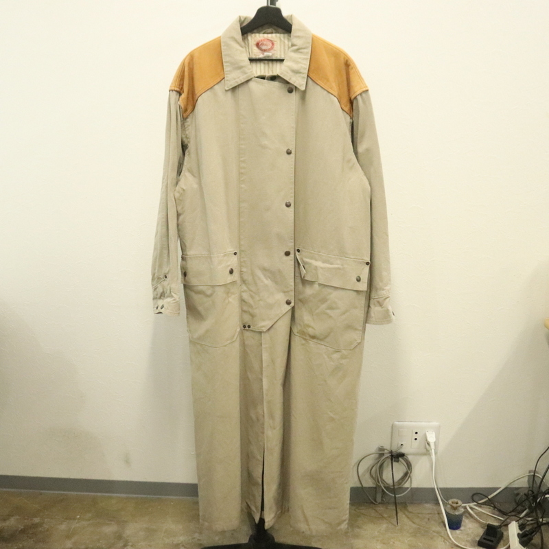e827 80sビンテージ OutbackCollection ロングコート■1980年代製 表記Lサイズ レディース ベージュ レザー切替 ダック アメカジ 古着 激安