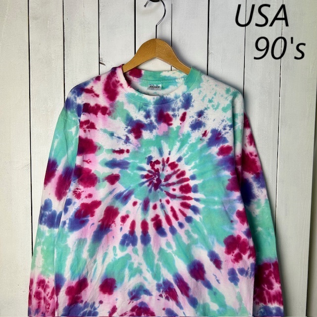 USA б/у одежда 90s USA производства anvill Thai большой окраска long T L 42-44 одиночный стежок Old Vintage America б/у одежда футболка с длинным рукавом одноцветный *23