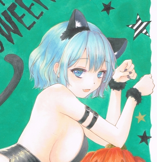 504■オリジナル手描きイラスト　ハロウィン猫コスの女の子　A4サイズ　☆合計6，000円以上の落札で送料無料☆