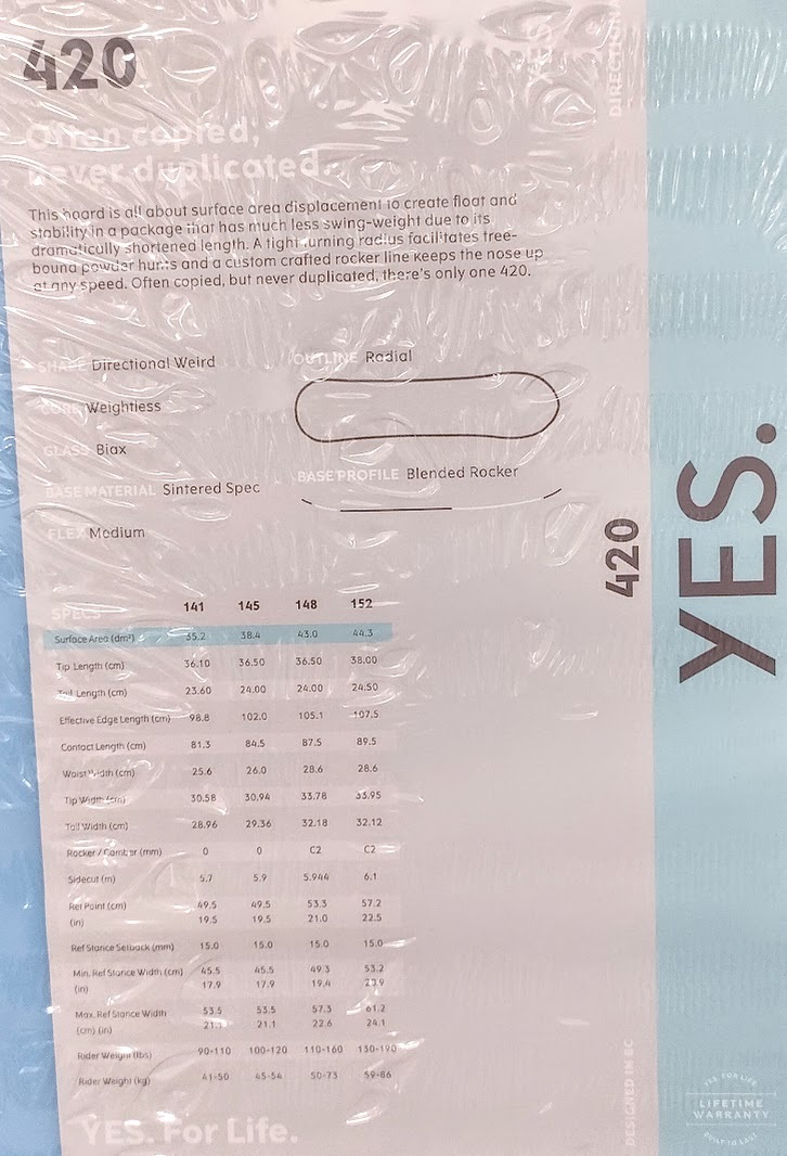 超浮力パウダーボードYES 420 141cm 2020-2021 レディース 超浮力パウダーボードYES 420 141cm 2020-2021 レディース