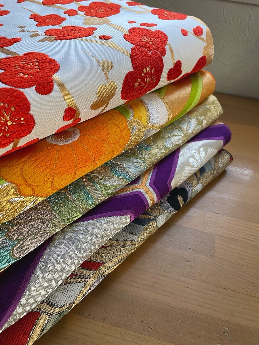 おまとめ★六通柄帯　5点セット★刺繍　花柄　亀甲　鳳凰　梅　黒　紫　着物　和服　和柄　和装　昭和レトロ リメイク 材料