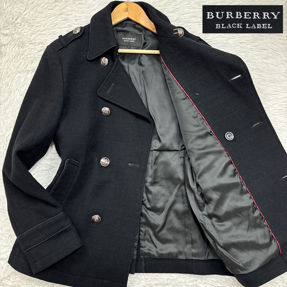 【極美品Lサイズ!!!ナポレオン風】BURBERRY BLACK LABEL バーバリーブラックレーベル ウール ピーコート ホースロゴボタン 銀ボタン 黒