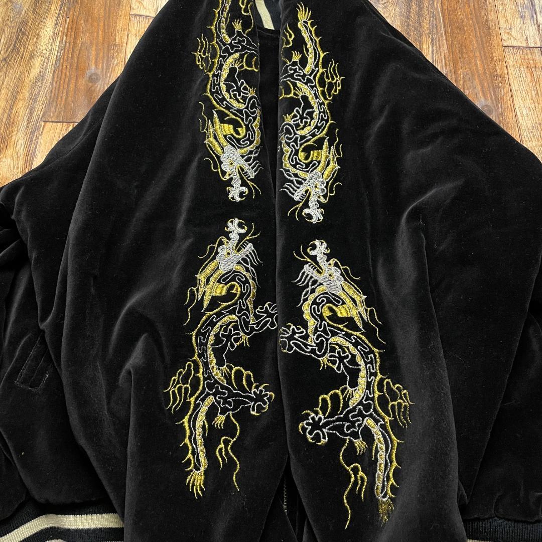 ベロアスカジャン 黒 ブラック 古着 刺繍 和柄 虎 寅 タイガー ベロアスカジャン 黒 ブラック 古着 刺繍 和柄 虎 寅 タイガー