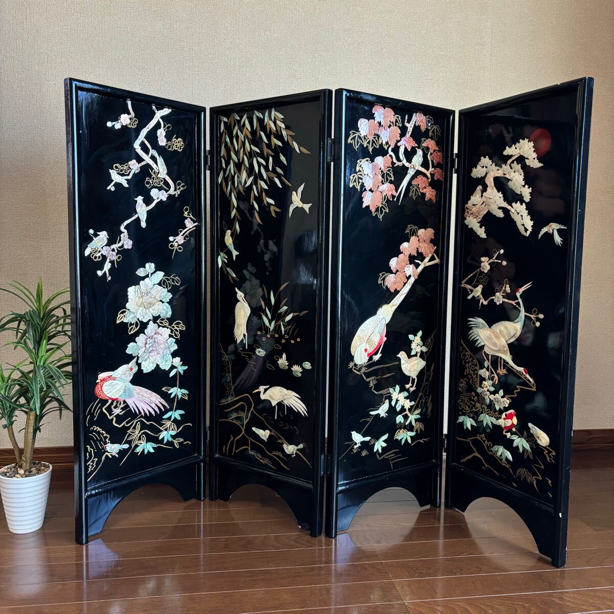 黒漆彫貝?衝立☆屏風☆4連 - 家具 黒漆彫貝?衝立☆屏風☆4連 - 家具