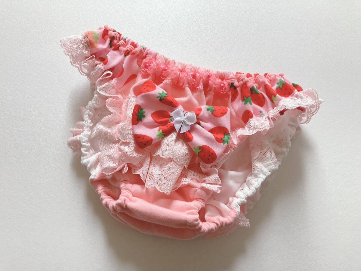 4L☆苺 りぼん 段フリルレース hip透けサイド 薔薇レース ロリータ スキャンティ デコショーツ ハンドメイド １点物