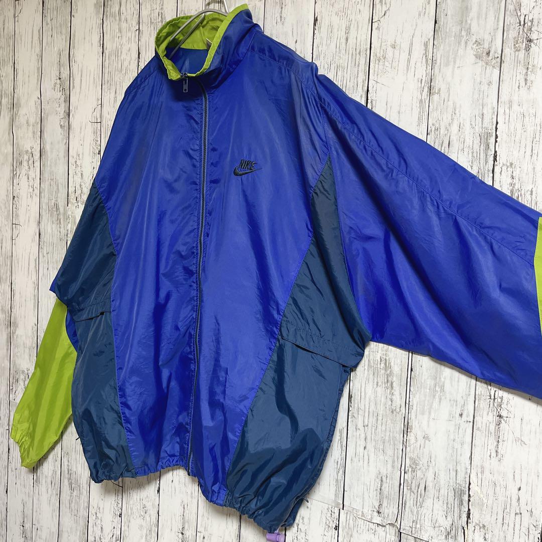 90's NIKE ナイキ 銀タグ ナイロンジャケット 青 黄緑 XL 刺繍 90's NIKE ナイキ 銀タグ ナイロンジャケット 青 黄緑 XL 刺繍