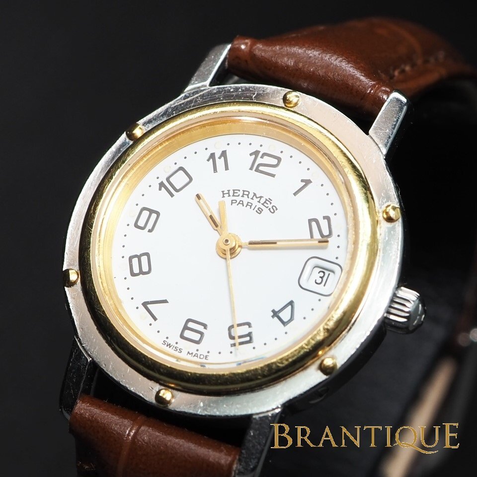 ■1円～■HERMES エルメス クリッパー CL4.220 GP SS 革 QZ アラビアンインデックス 2針 デイト レディース 腕時計 「25050」