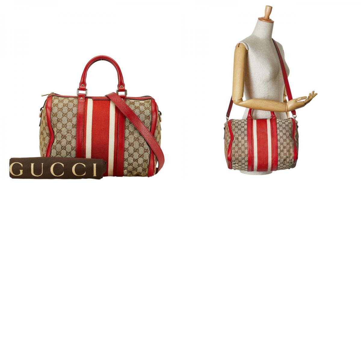  Gucci GG парусина Sherry линия Mini сумка "Boston bag" сумка на плечо 2WAY 247205 бежевый красный парусина GUCCI[ б/у ]