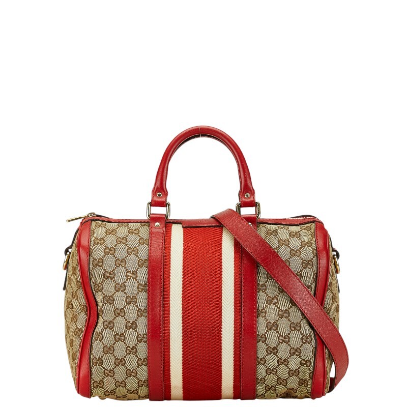  Gucci GG парусина Sherry линия Mini сумка "Boston bag" сумка на плечо 2WAY 247205 бежевый красный парусина GUCCI[ б/у ]