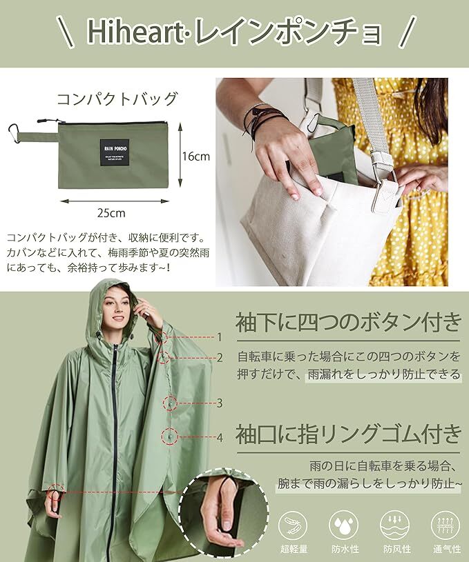 可愛いレインポンチョ　 フード　指フック　ファスナー　イエロー　収納袋カラビナ付