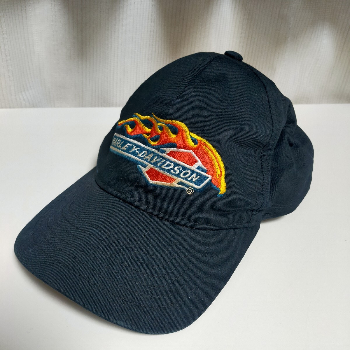 Harley-Davidson ハーレーダビッドソン 90s ファイヤーロゴ刺繍 スナップバック キャップ 帽子 ヴィンテージ old フリー ブラック(黒）