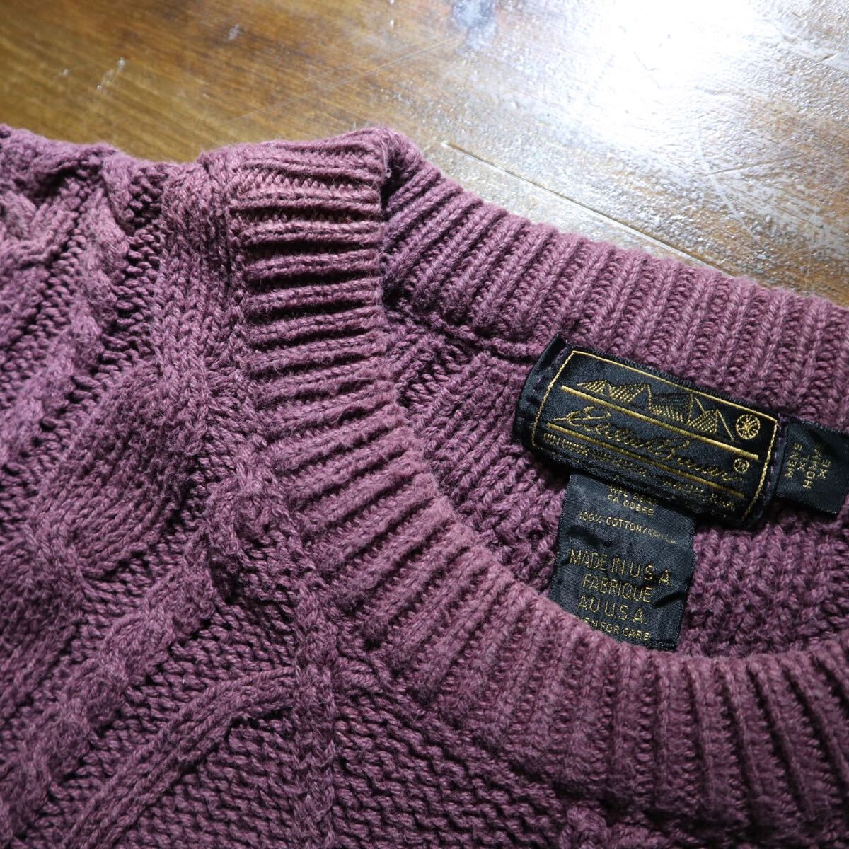 【即決】80s eddie bauer エディーバウアー ローゲージ コットンニット セーター バーガンディー エンジ 黒タグ USA アメリカ製 古着 XL_画像9