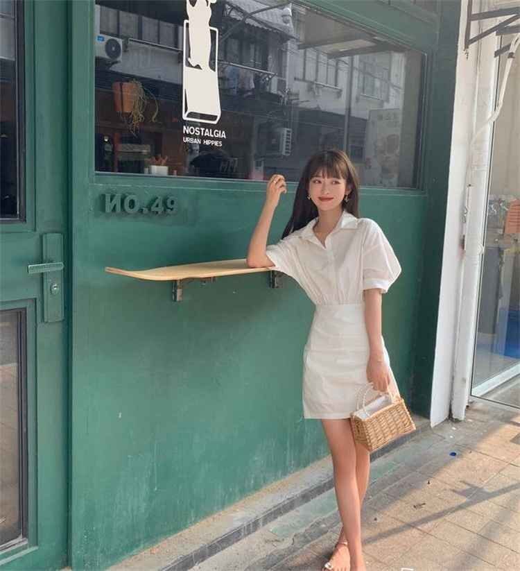  miniskirt shirt dress One-piece simple L white 