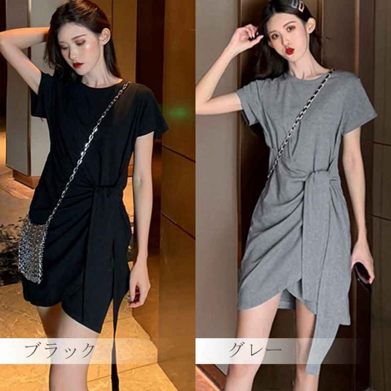 dore-p One-piece waist ribbon Mini One-piece short sleeves lady's L gray 