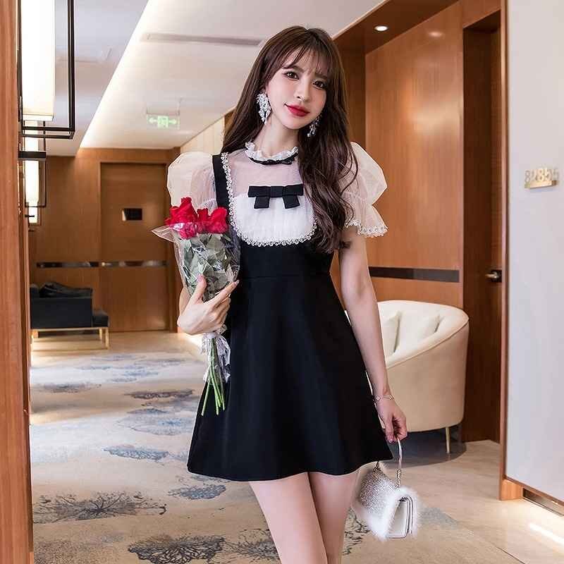  short sleeves One-piece mini height dress frill switch bai color slim put on ..[ large size equipped ] sweet series L black 