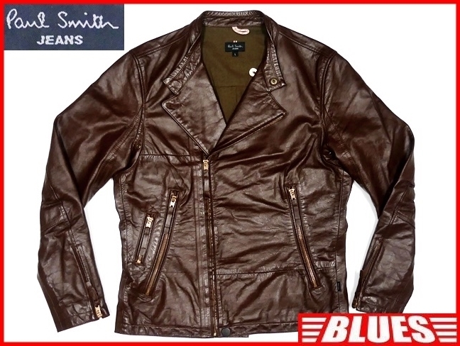 即決★Paul Smith JEANS★メンズL レザーライダースジャケット ポールスミス 茶 本革 ダブル 本皮 パンクロック ライディング ツーリング_画像1